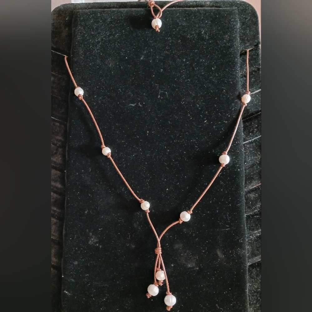 Freshwater Pearl And Leather Tassel Necklace, 35 Inches - Picture 2 of 11